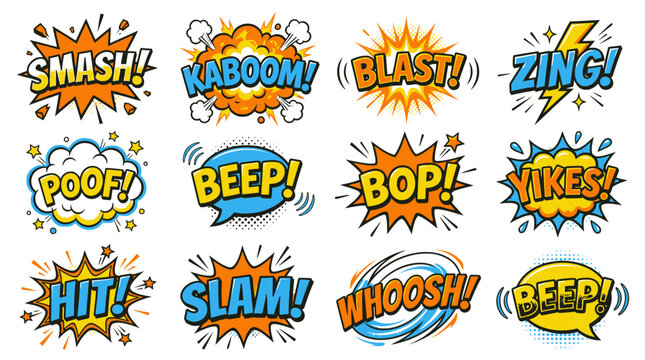 Comic book sound effect bubbles with bright yellow theme