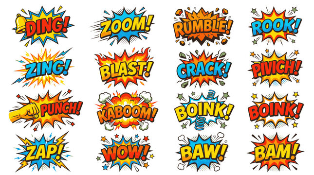 Dynamic comic book sound effect stickers for action illustrations.