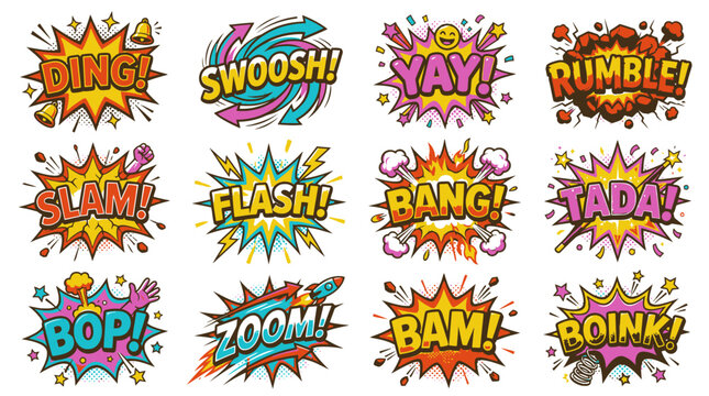 Comic book speech bubbles featuring swoosh and tada sounds.