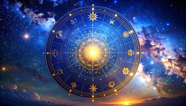 Astrological clockwork sphere with zodiac symbols against a starry night sky and nebula, cosmic divination and fate