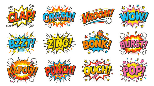 Comic book sound effect bubbles with clap and vroom.