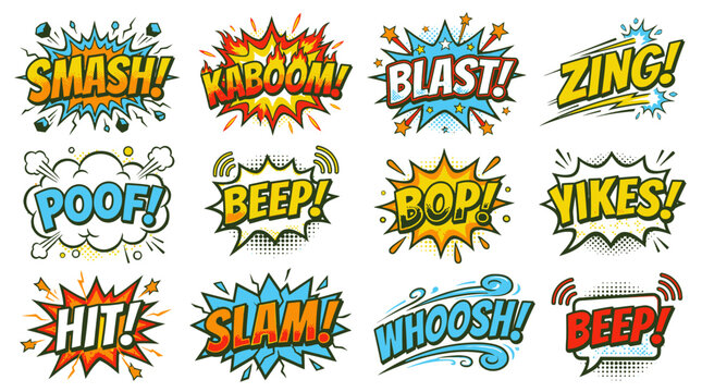 Comic sound effect stickers with thin black outlines.