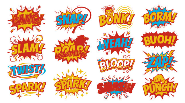 Comic book speech bubbles with bang snap bonk borm.