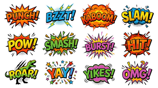 Combat comic sound effects stickers punch smash and kaboom.