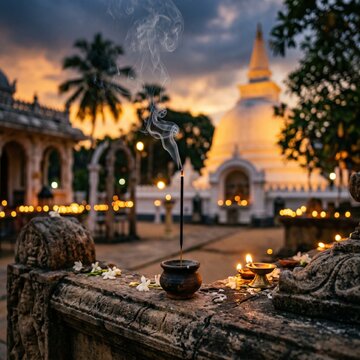 Burning incense stick and clay oil lamps at sunset with a white Buddhist temple stupa background in Sri Lanka