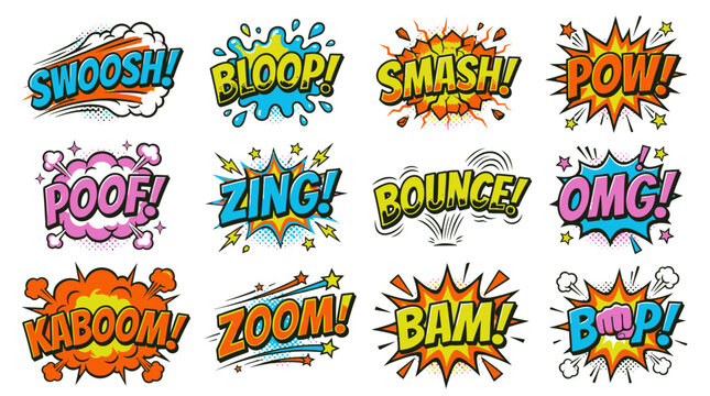 Comic book speech bubbles with expressive onomatopoeia sound effects.