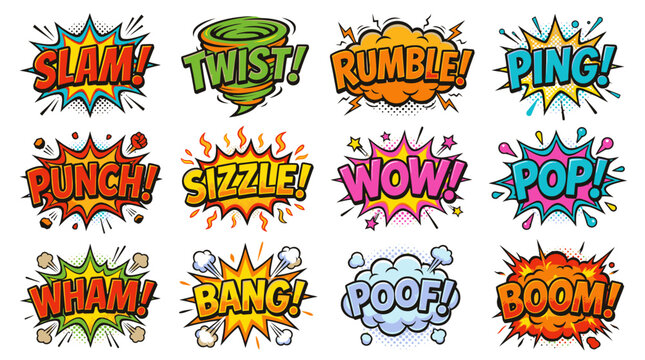 Comic book sound effect bursts with boom bang wow pop.