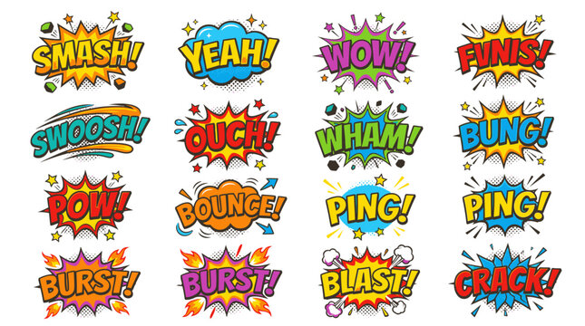 Comic book speech bubbles with smash wow pow blast.