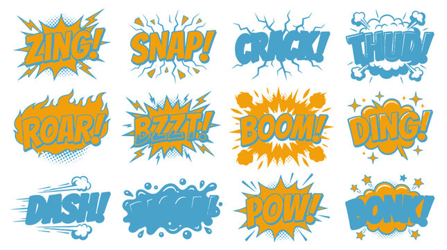 Comic speech bubbles set zing snap crack boom dash.