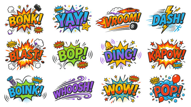 Colorful comic speech bubbles featuring Bonk Yay and Vroom.
