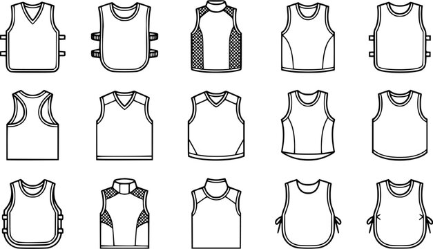 Apparel and Clothing Icon Set: Black and White Line Art Vests, Tank Tops, Jerseys, and Aprons Collection for Fashion and Sportswear Design