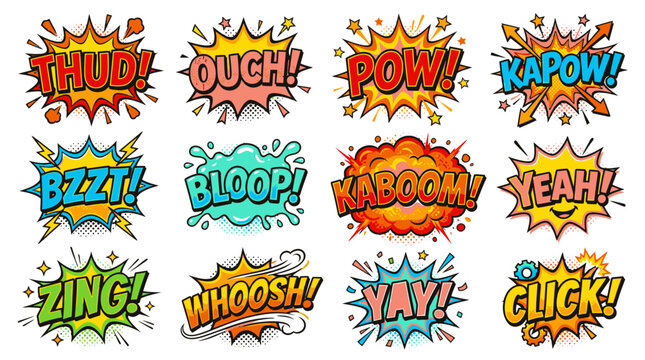 Comic book speech bubbles with thud pow and kaboom sounds.