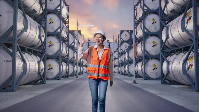 Front View of Asian Female Engineer Waving Hand Saying Bye While Walking at Heavy Factory at Industrial Chemical Tank Container Storage Facility at Sunset