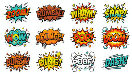 Fototapeta premium Dynamic comic speech bubbles with popular action sound words.