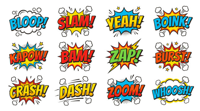 Comic book action sounds set with Zoom and Slam text