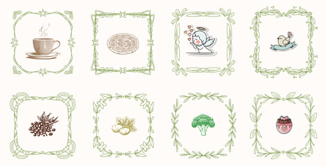 Hand drawn line, border, frame vector design element set. Template for invitation or greeting card, picture, art © bow