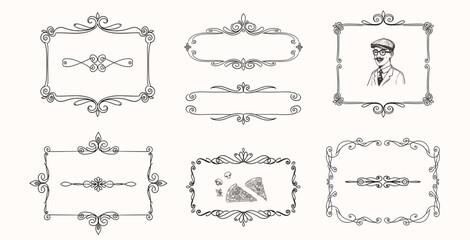 Hand drawn line, border, frame vector design element set. Template for invitation or greeting card, picture, art © bow