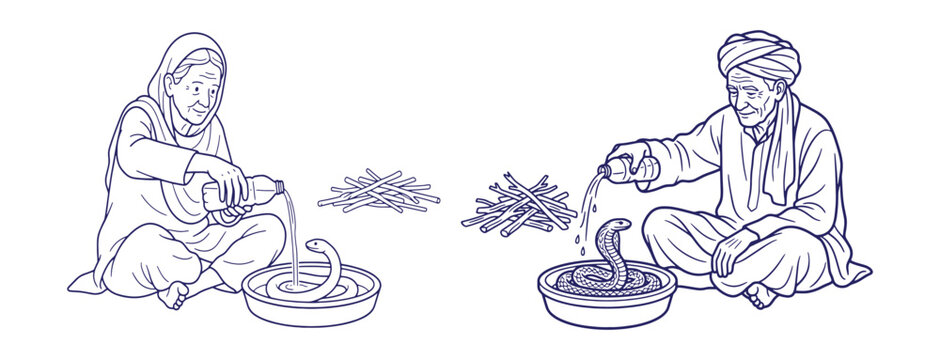 Traditional village couple feeding milk to cobras in blue ink line art illustration showing elderly man and woman performing rural cultural snake rite.