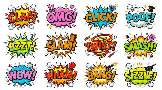 Colorful comic speech bubbles with smash and slam effects.