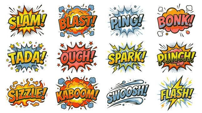 Comic book action word bubbles and sound effects.