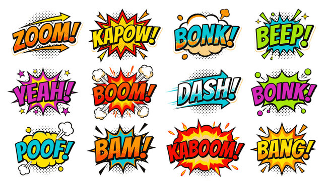 Comic style sound effect bubbles with Boom and Kaboom text.