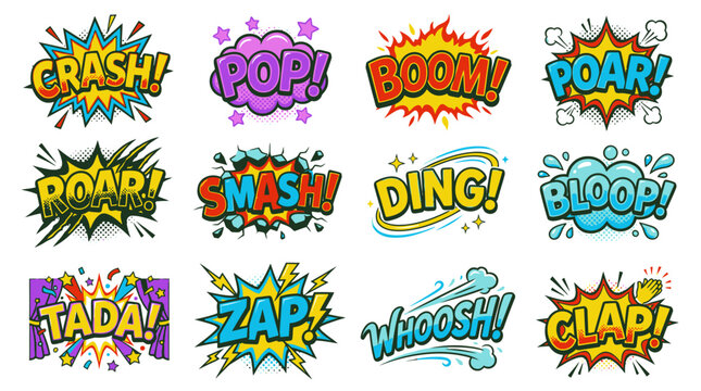 Energetic comic book sound effects including crash and boom.