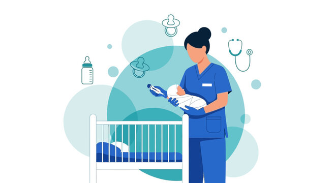 Nurse Holding Newborn Baby Near Crib, Medical Symbols Background
