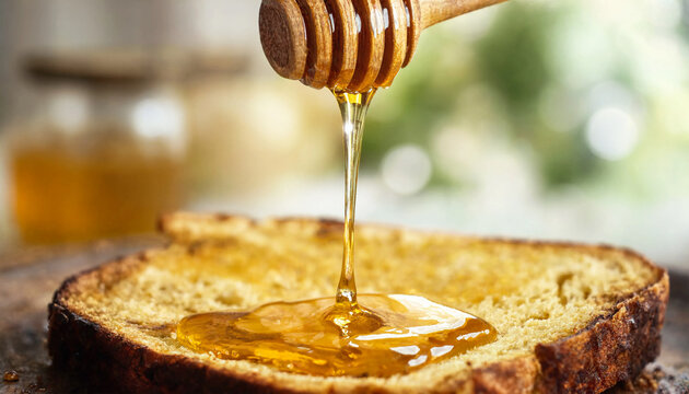 Honey dripping from a wooden dipper onto a slice of toasted bread