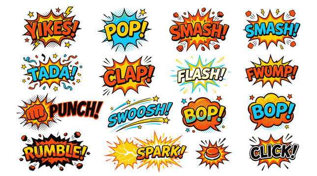 Comic explosion sound bubbles set with yikes and pop.