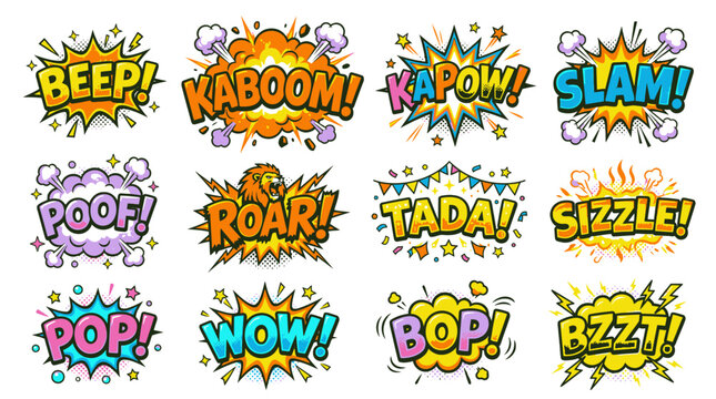 Comic explosion bubbles with action word sound effects.
