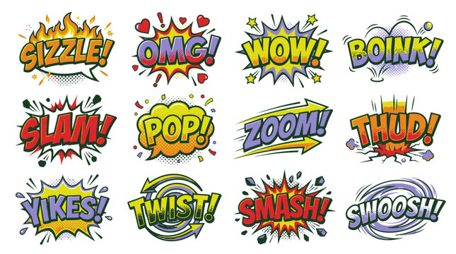 Comic style sound effects sizzle wow boink zoom thud.