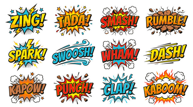 Comic style sound effects stickers with zing and kaboom.