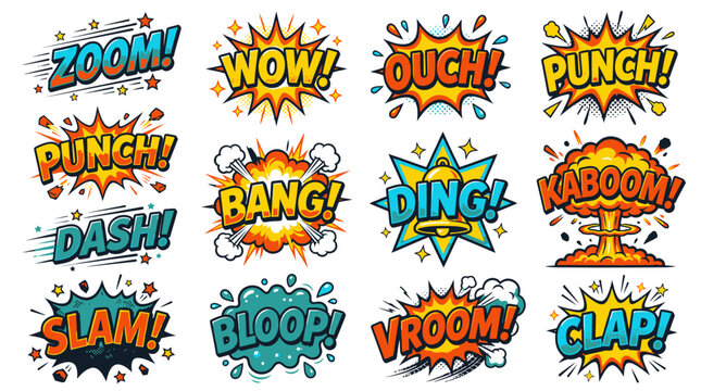 Energetic comic style sound effect bubbles for action scenes.