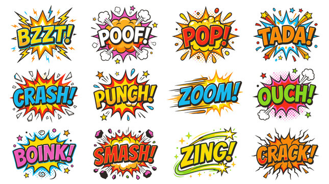 Comic book sound effect speech bubbles set with colorful explosions.