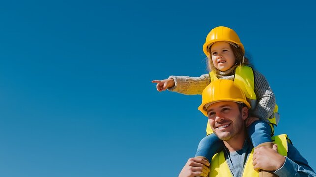 Caucasian construction dad in yellow hard hat carrying his young son on shoulders at building site. Son is pointing excitedly. Both smiling at camera. Father's Day builder family concept, copy space.