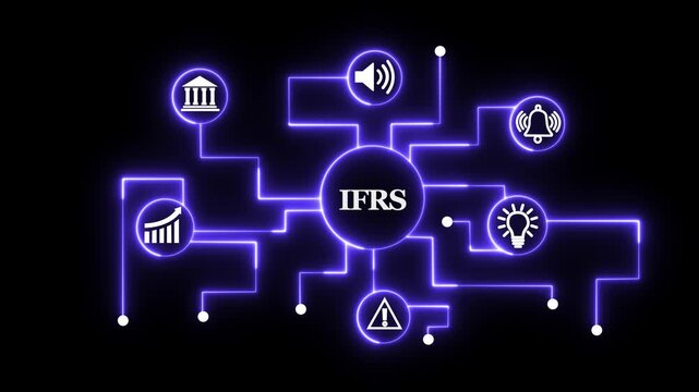 Digital ifrs financial reporting concept with glowing neon network connections and business for accounting standards, global corporate compliance, economic data analysis, and auditing systems