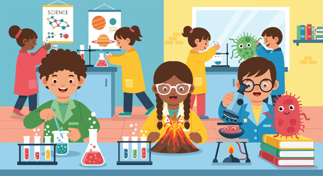 Children in lab with chemical experiments