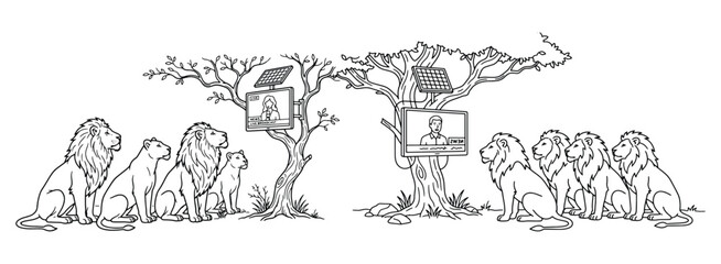 Obraz premium Digital line art drawing showing a pride of lions watching news broadcasts on television screens mounted to trees in an african savanna environment.