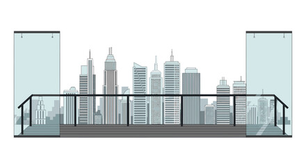 Obraz premium Modern balcony with glass railing overlooking a city skyline with skyscrapers