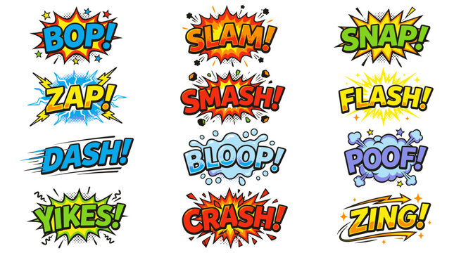 Comic book sound effects set with bop and slam.