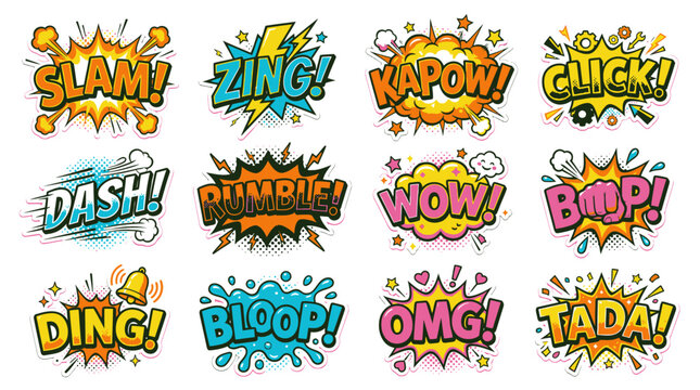 Dynamic comic book speech bubble sound effects stickers.