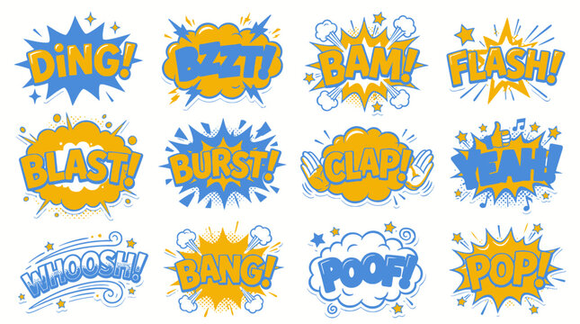 Comic onomatopoeia stickers in blue and yellow starburst designs.