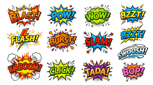 Exploding comic speech bubbles with various sound effects.