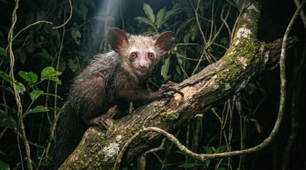 Fototapeta premium Aye-aye primate on a mossy tree branch at night