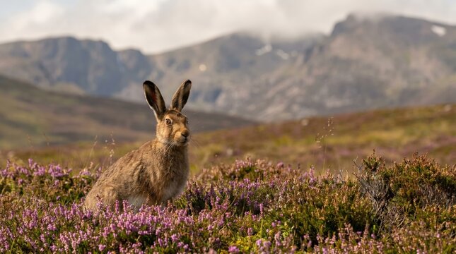 Mountain Hare Sitting in a Field of Heather