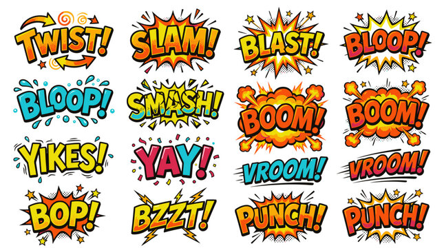 Comic sound effect bubble set with slam and smash.
