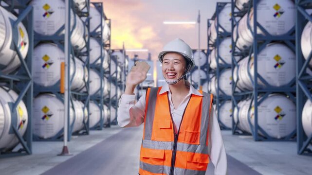 Front View of Asian Female Engineer Waving Hand Saying Bye While Walking at Heavy Factory at Industrial Chemical Tank Container Storage Facility at Sunset