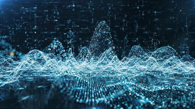 Futuristic digital landscape made of glowing blue data particles and binary code