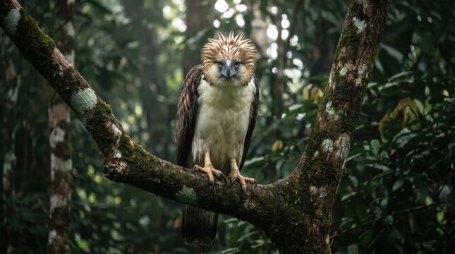 Philippine Eagle perched on mossy branch in lush forest