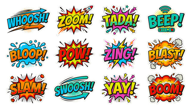 Dynamic pop art stickers featuring whoosh and zoom sounds.